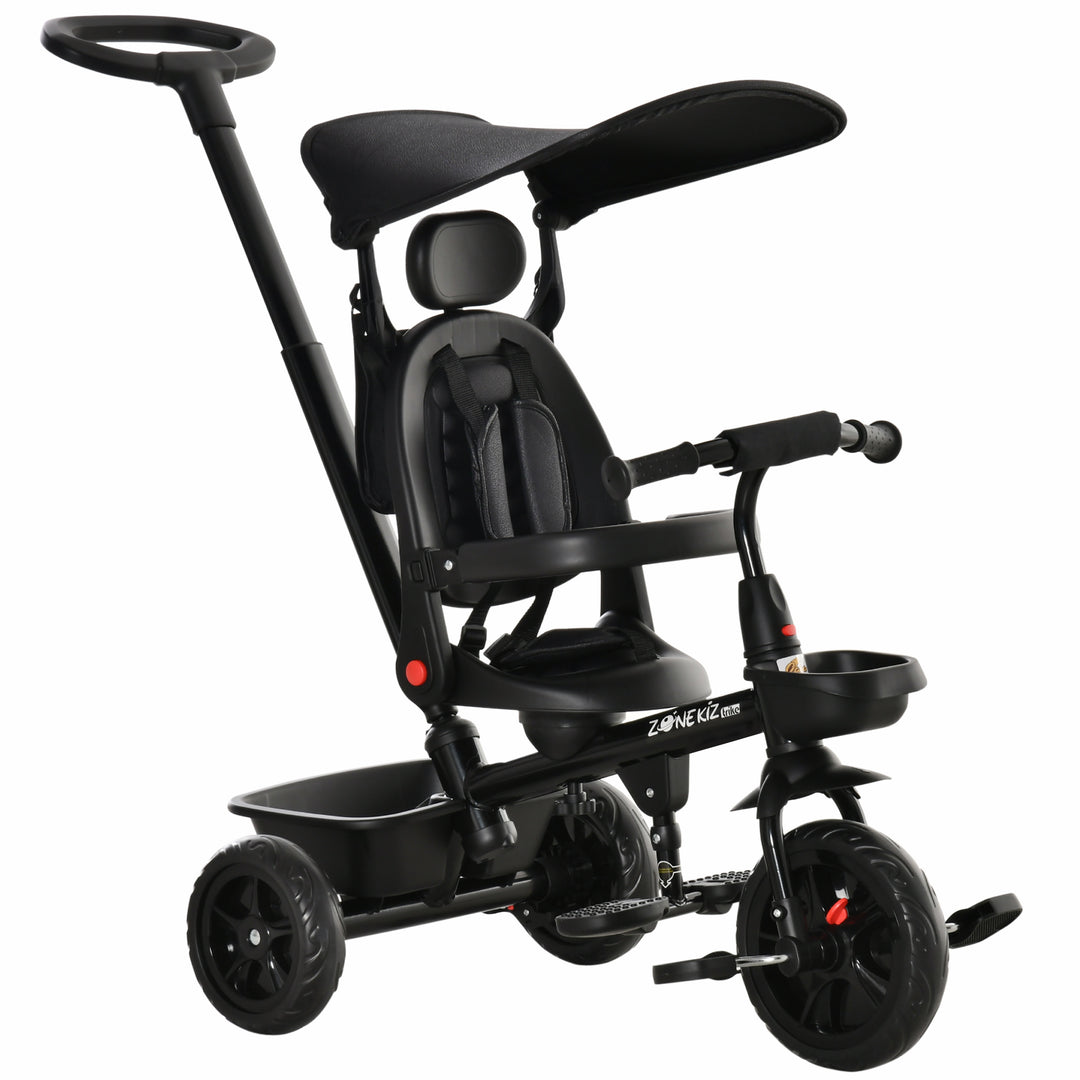 Qaba Kids Tricycle 4 In 1 Trike with Reversible Angle Adjustable Seat Removable Handle Canopy Handrail Belt Storage Footrest Brake Clutch for 1-5 Years Old Black