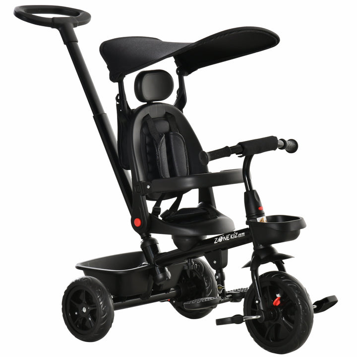 Qaba Kids Tricycle 4 In 1 Trike with Reversible Angle Adjustable Seat Removable Handle Canopy Handrail Belt Storage Footrest Brake Clutch for 1-5 Years Old Black