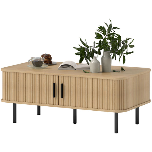 HOMCOM Coffee Table with Storage, Nordic Side Table with Slatted Tambour Sliding Doors and Steel Legs for Living Room, Oak