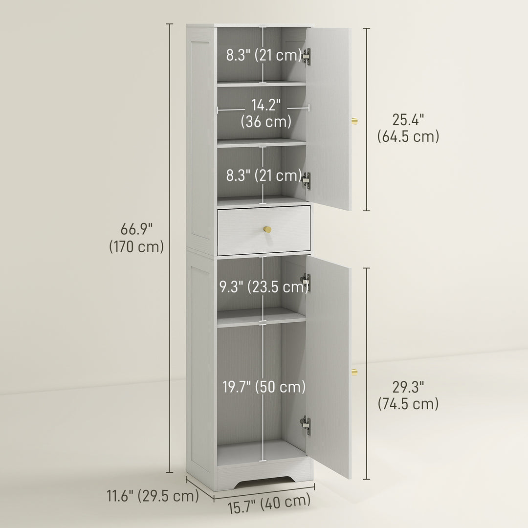 HOMCOM 67" Tall Bathroom Cabinet, Slim Bathroom Storage Cabinet with 2 Doors, Drawer and Adjustable Shelf, White Wood Grain