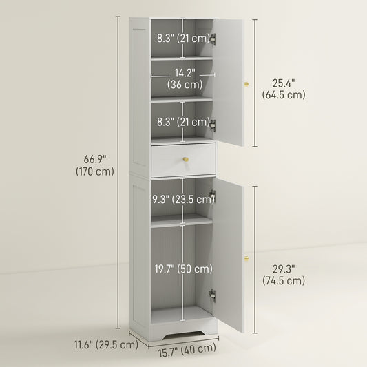 HOMCOM 67" Tall Bathroom Cabinet, Slim Bathroom Storage Cabinet with 2 Doors, Drawer and Adjustable Shelf, White Wood Grain