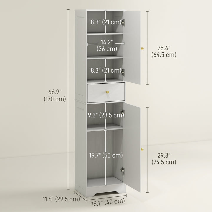 HOMCOM 67" Tall Bathroom Cabinet, Slim Bathroom Storage Cabinet with 2 Doors, Drawer and Adjustable Shelf, White Wood Grain