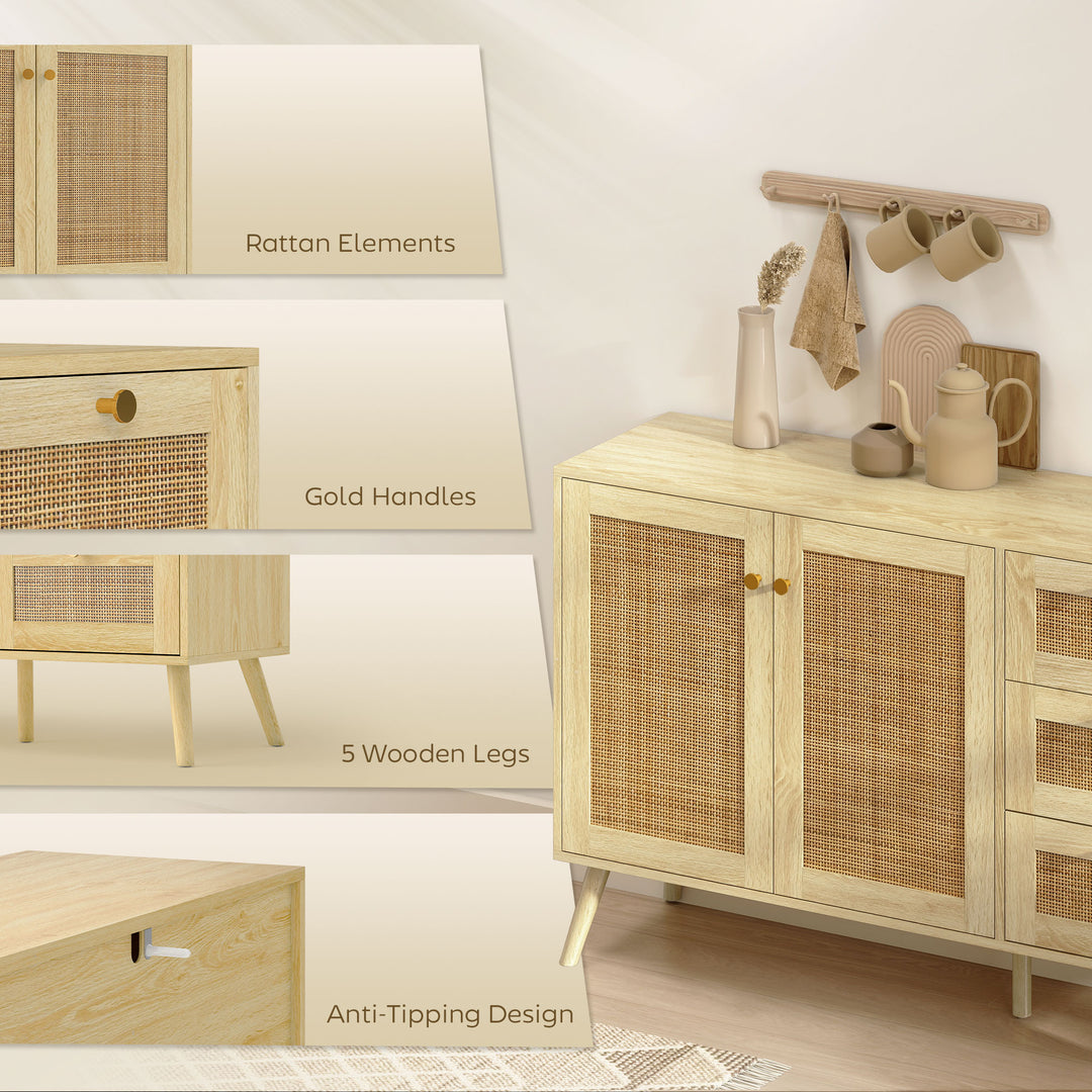 HOMCOM 47" Buffet Cabinet with Soft-Close Doors, Rattan Sideboard with Drawers, Adjustable Shelf and Wooden Legs, Natural