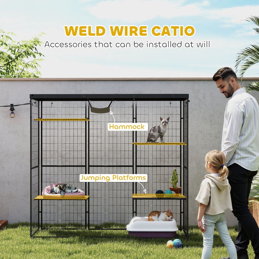 PawHut Weld Wire Catio Outdoor Indoor with Waterproof Cover, 4 Jumping Platforms, Hammock, 69" x 22" x 62", Black