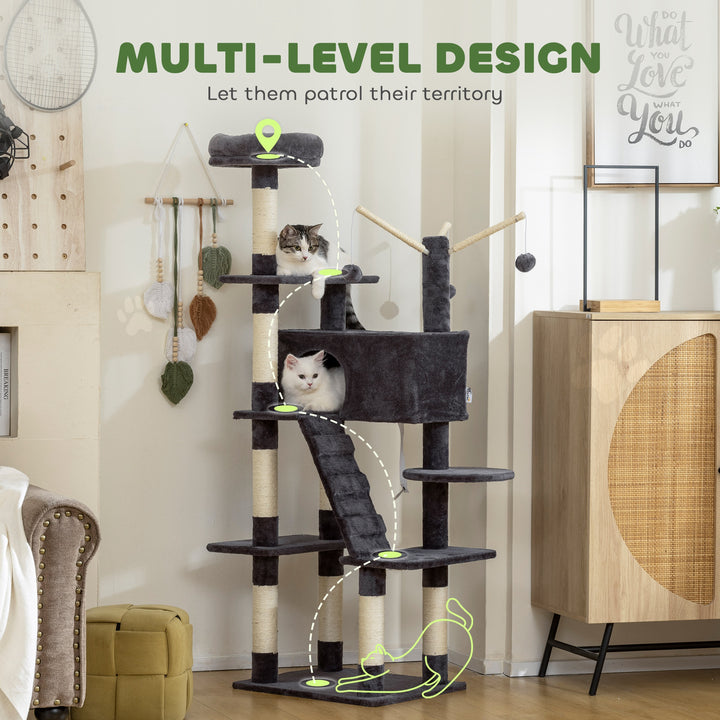 PawHut 59 Inch Large Cat Tree with Sisal Scratching Posts, Cozy Condo, Top Perch, Ladder and Interactive Balls, Dark Grey