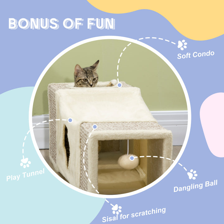 PawHut 39" Long Cat Tunnel, Plush Catio Outdoor Cat Enclosure with Two Caves and Hanging Ball, Cream White