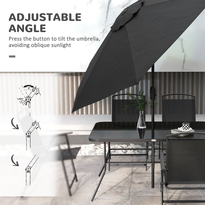 Outsunny 8 Piece Patio Set with Umbrella, 6 Folding Chairs, Rectangle Table, Outdoor Dining Set for 6 with Mesh Seat, Grey