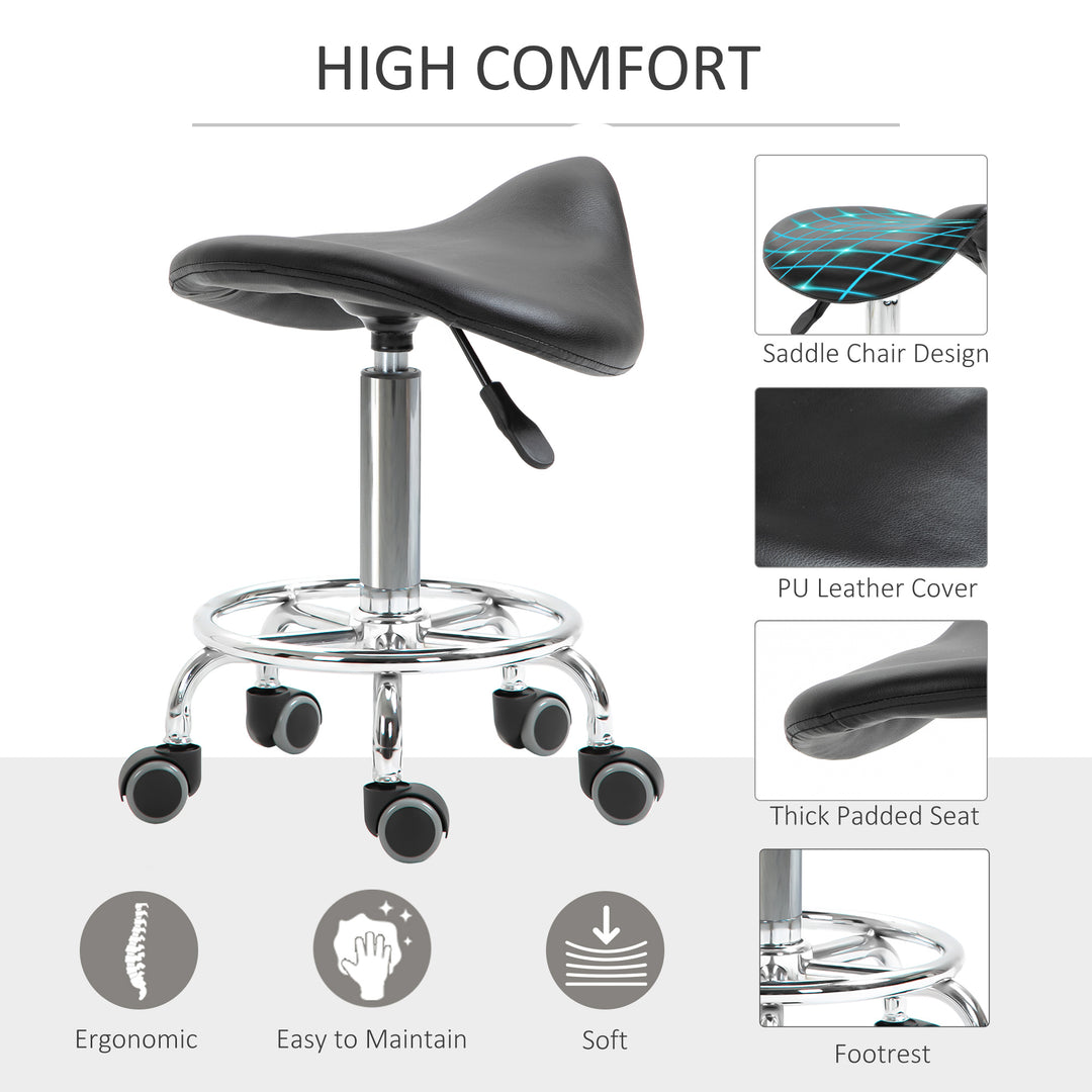 HOMCOM Saddle Stool, PU Leather Adjustable Rolling Salon Chair for Massage, Spa, Clinic, Beauty and Tattoo, Black
