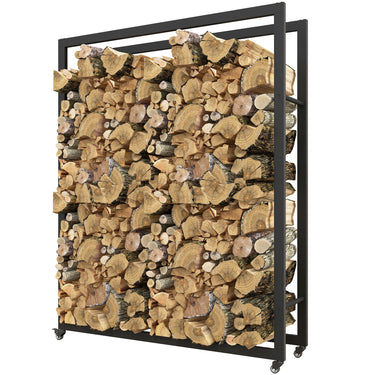 Outsunny Outdoor Firewood Rack with Wheels Heavy Duty Steel Wood Log Storage Stacker for Fireplace, Black