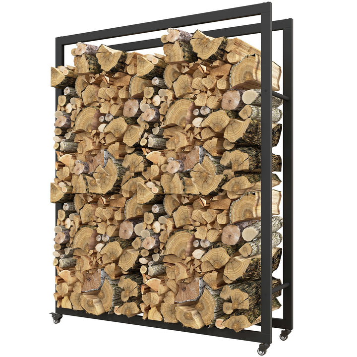 Outsunny Outdoor Firewood Rack with Wheels Heavy Duty Steel Wood Log Storage Stacker for Fireplace, Black