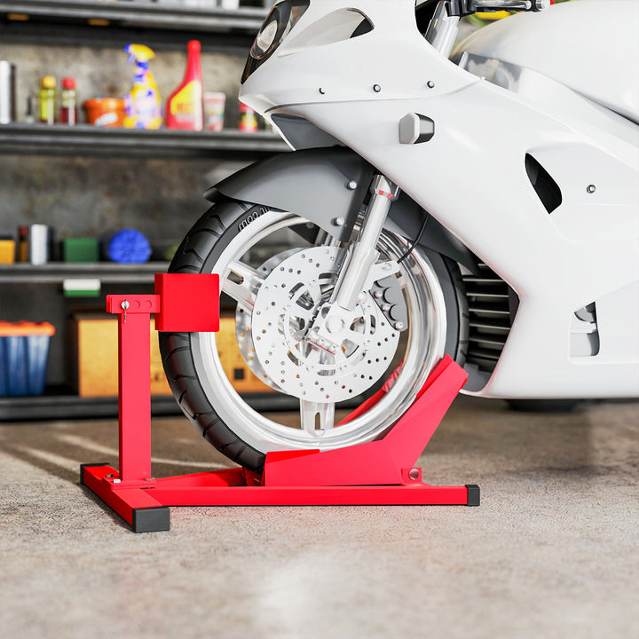 Soozier Motorcycle Wheel Chock, 660 lbs Capacity Heavy Duty Steel Motorcycle Front Wheel Stand for 14"-21" Wheels, Red