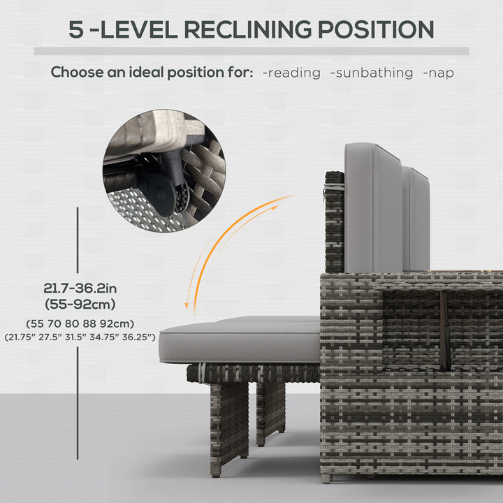 Outsunny 2 Piece Rattan Outdoor Daybed, 2 Seater Sofa Set with Footstool, Storage, Cushions and Pillows for Garden, Patio, Grey