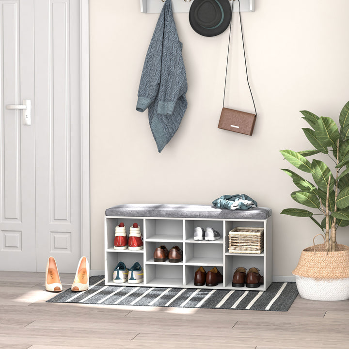 HOMCOM Shoe Bench with Storage, Upholstered Entryway Bench with Adjustable Shelves, Cushion for Living Room, Hallway, White