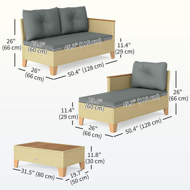 Outsunny 3 Piece Patio Furniture Set, L-Shaped Outdoor Furniture Conversation Set with Wood Top Coffee Table, Light Grey