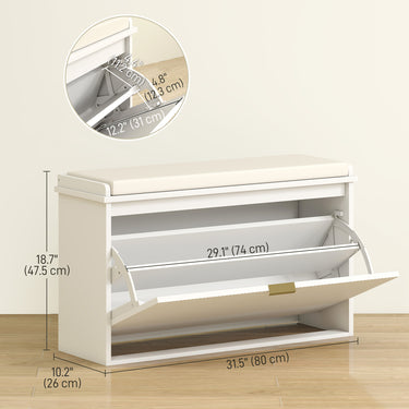 HOMCOM Entryway Bench with Padded Seat and Flip-Drawers, Holds up to 265lbs, Shoe Storage Bench for 8 Pairs of Shoes, White