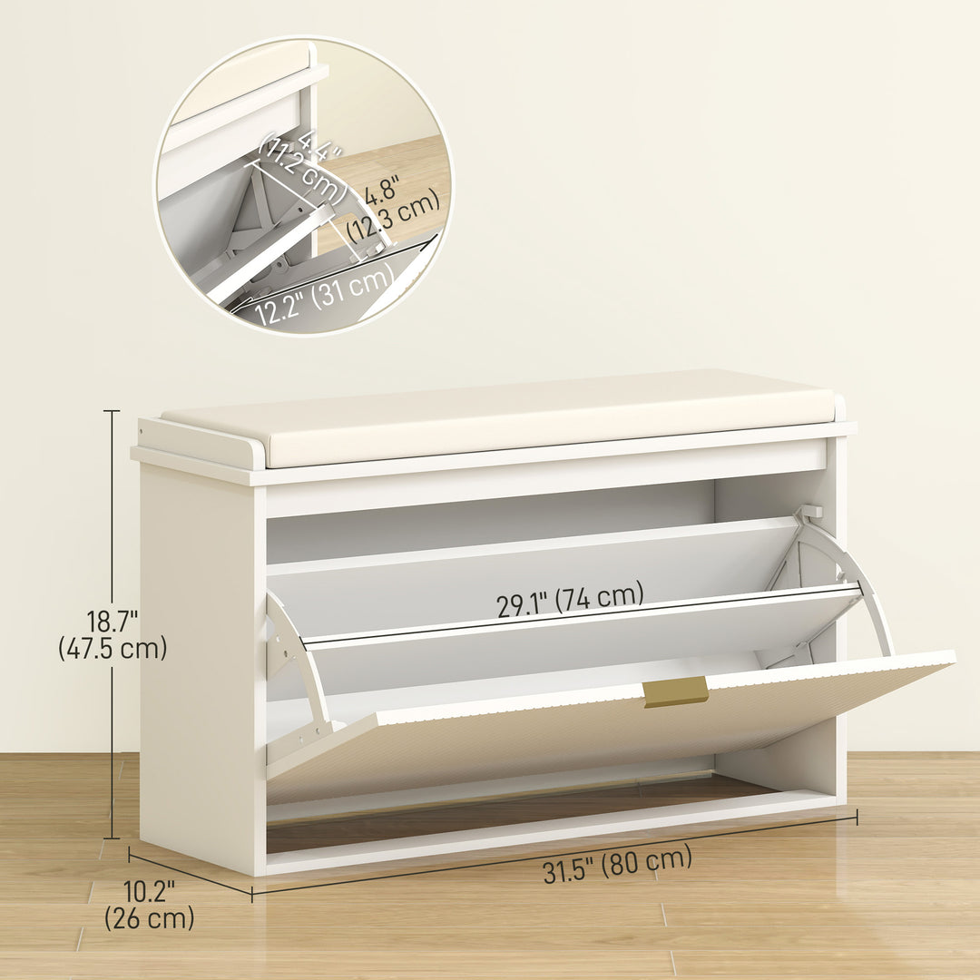 HOMCOM Entryway Bench with Padded Seat and Flip-Drawers, Holds up to 265lbs, Shoe Storage Bench for 8 Pairs of Shoes, White