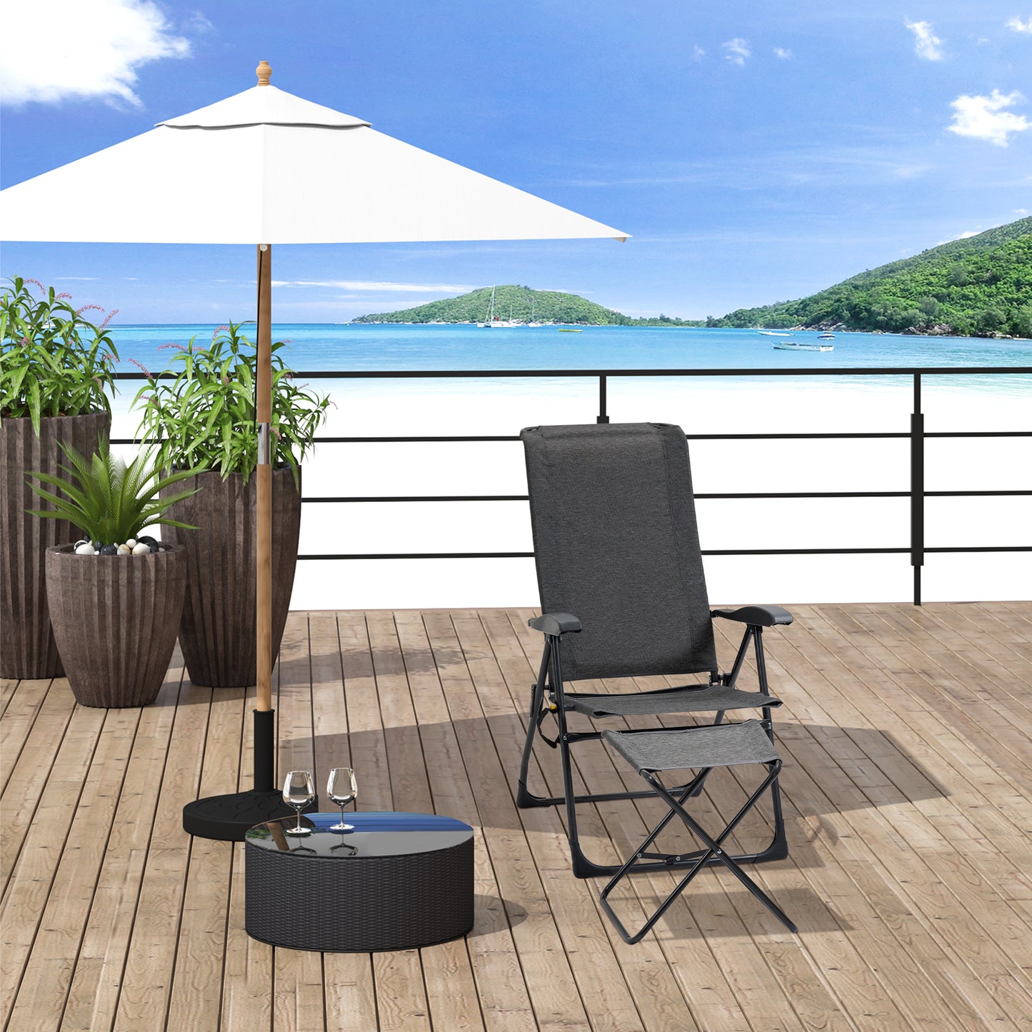 Outsunny Patio Lounge Chair Outdoor Lounger Recliner Folding Camping Chair with Footrest and Storage Pocket, Black Grey