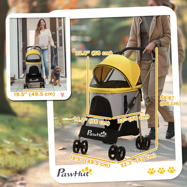 PawHut 4 Wheels Pet Stroller, 3 in 1 Dog Cat Travel Folding Carrier, for Small Dogs, Detachable, w/ Brake, Canopy, Basket, Storage Bag - Yellow