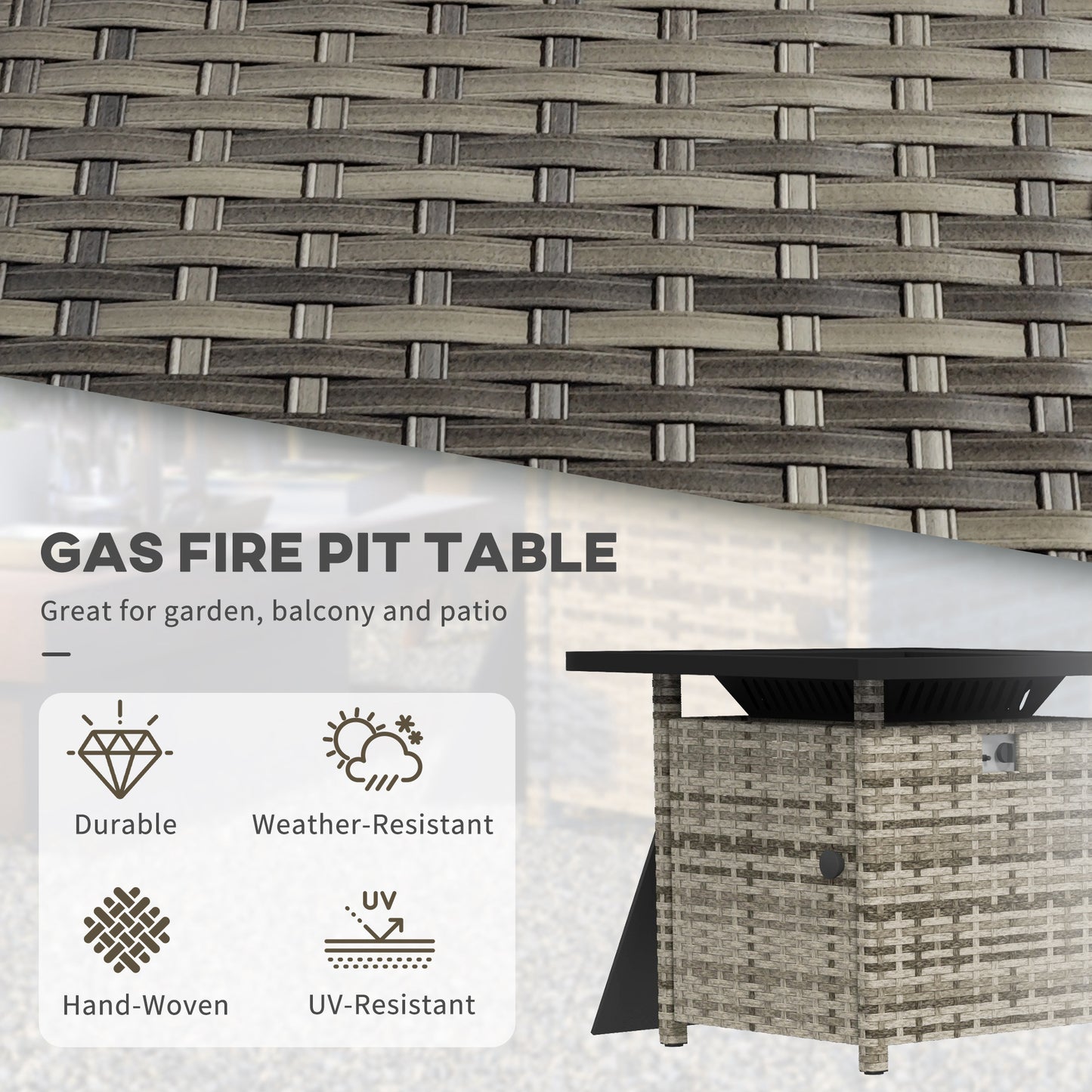 Outsunny Outdoor PE Rattan Propane Fire Pit Table, 50,000 BTU Pulse-Ignition Wicker Fire Table, Mixed Grey