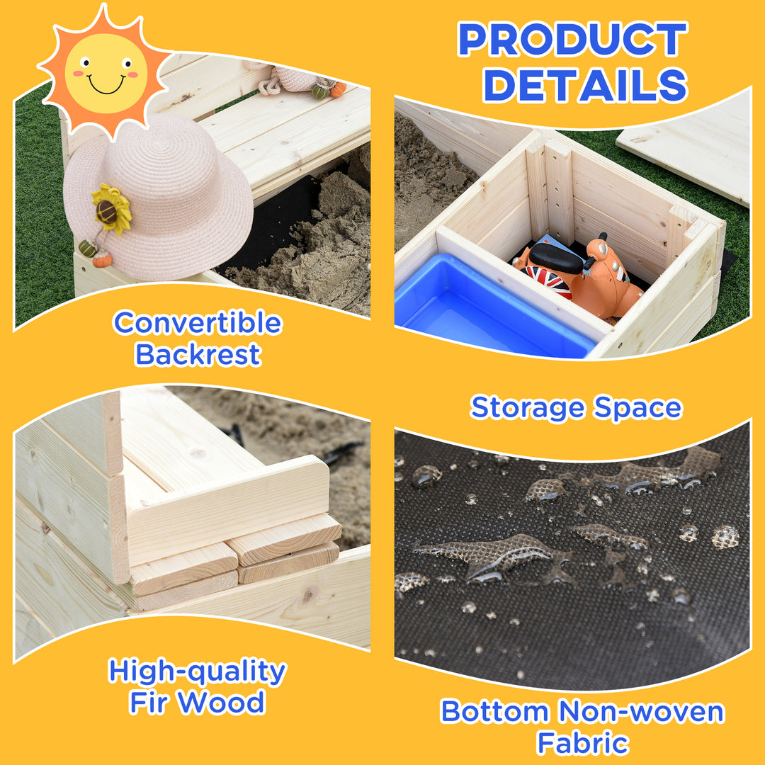 Outsunny Wooden Kids Sandbox with Foldable Bench Seat, 2 Plastic Boxes, Bottom Liner, Storage Space for Garden, Backyard
