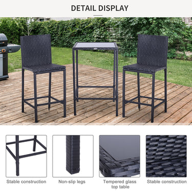 Outsunny 3 Piece Patio Bar Set Wicker Rattan Garden Bistro Set Barstool and Table for Patio Backyard Balcony Poolside, Black
