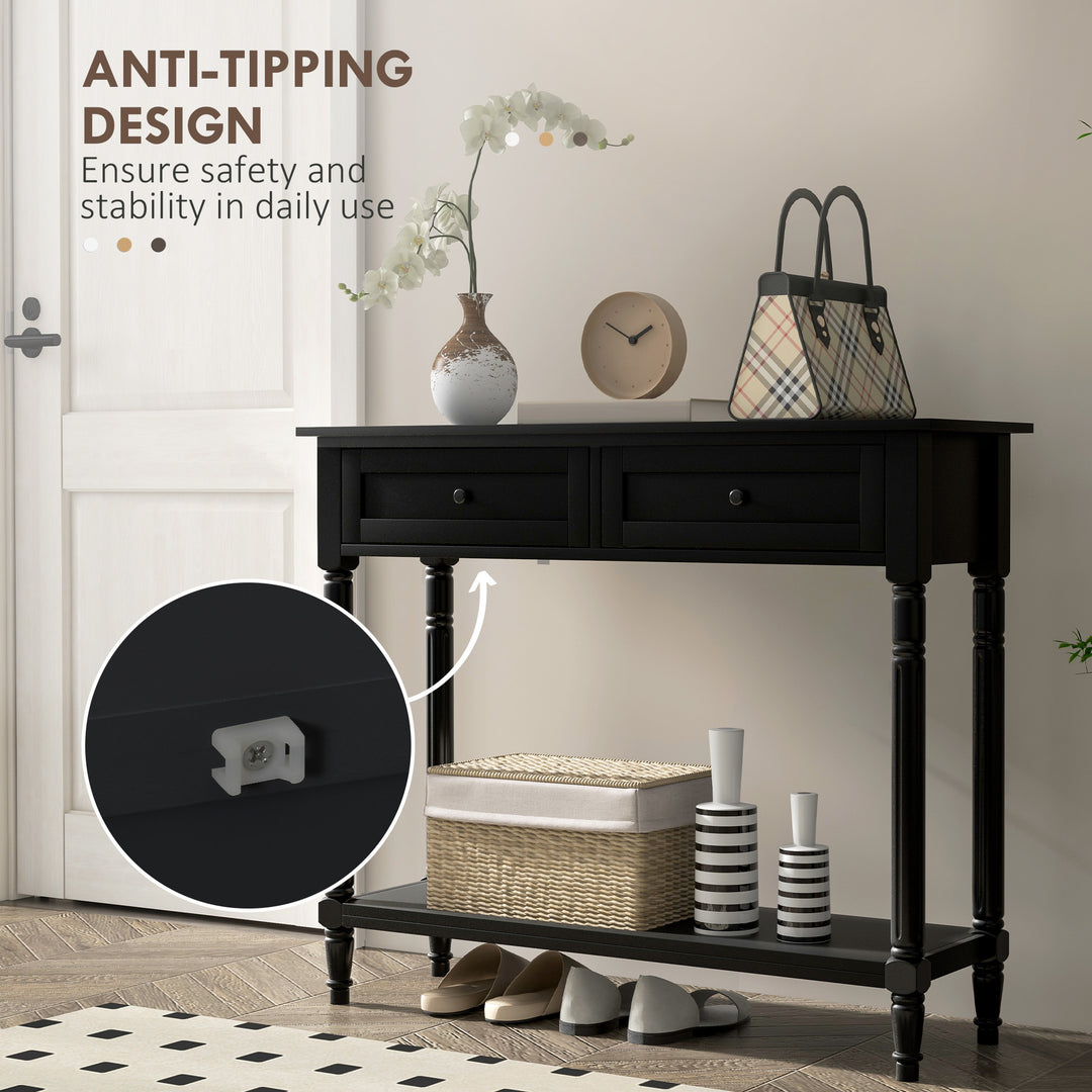 HOMCOM Hallway Console Table, Modern Entryway Table with 2 Drawers, Storage Shelf, Turned Legs for Living Room, Bedroom, Black