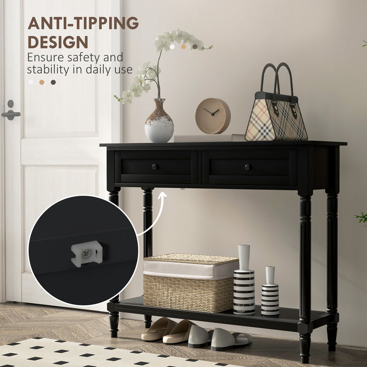 HOMCOM Hallway Console Table, Modern Entryway Table with 2 Drawers, Storage Shelf, Turned Legs for Living Room, Bedroom, Black