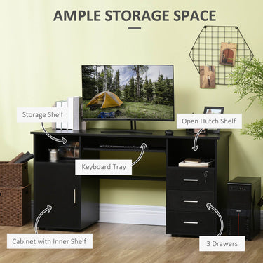 HOMCOM 57" Computer Desk with Drawers, Home Office Desk with Keyboard Tray, Open Shelves and Lockable Drawer, Writing Workstation for Study, Black