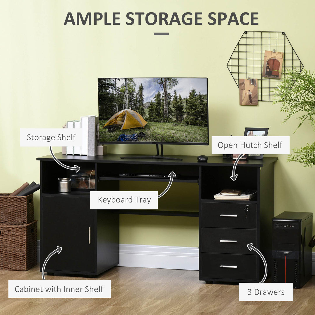 HOMCOM 57" Computer Desk with Drawers, Home Office Desk with Keyboard Tray, Open Shelves and Lockable Drawer, Writing Workstation for Study, Black