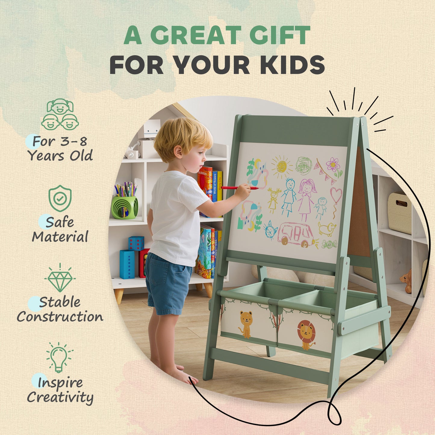 Qaba Art Easel for Kids, Double-Sided Whiteboard & Chalkboard with Paper Roll, 2 Storage Boxes, Gift for Boys, Girls, Pink