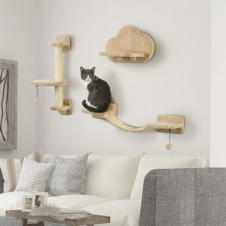 PawHut 3 PCs Cat Wall Climber with Scratching Post, Ladder, Perches, Cloud-Shaped Cat Shelves, Beige