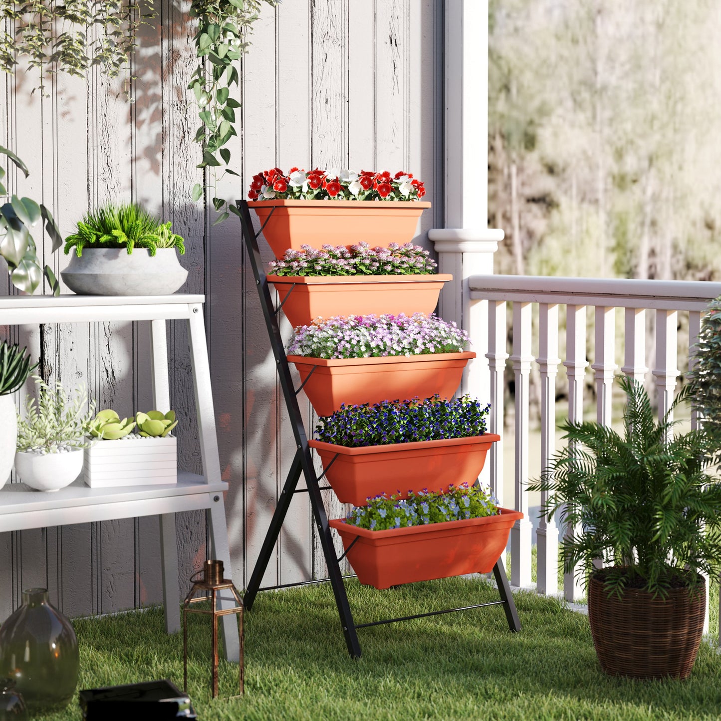 Outsunny 5-Tier Raised Garden Bed with 5 Planter Box, Outdoor Plant Stand Grow Containers with Leaking Holes, Brown