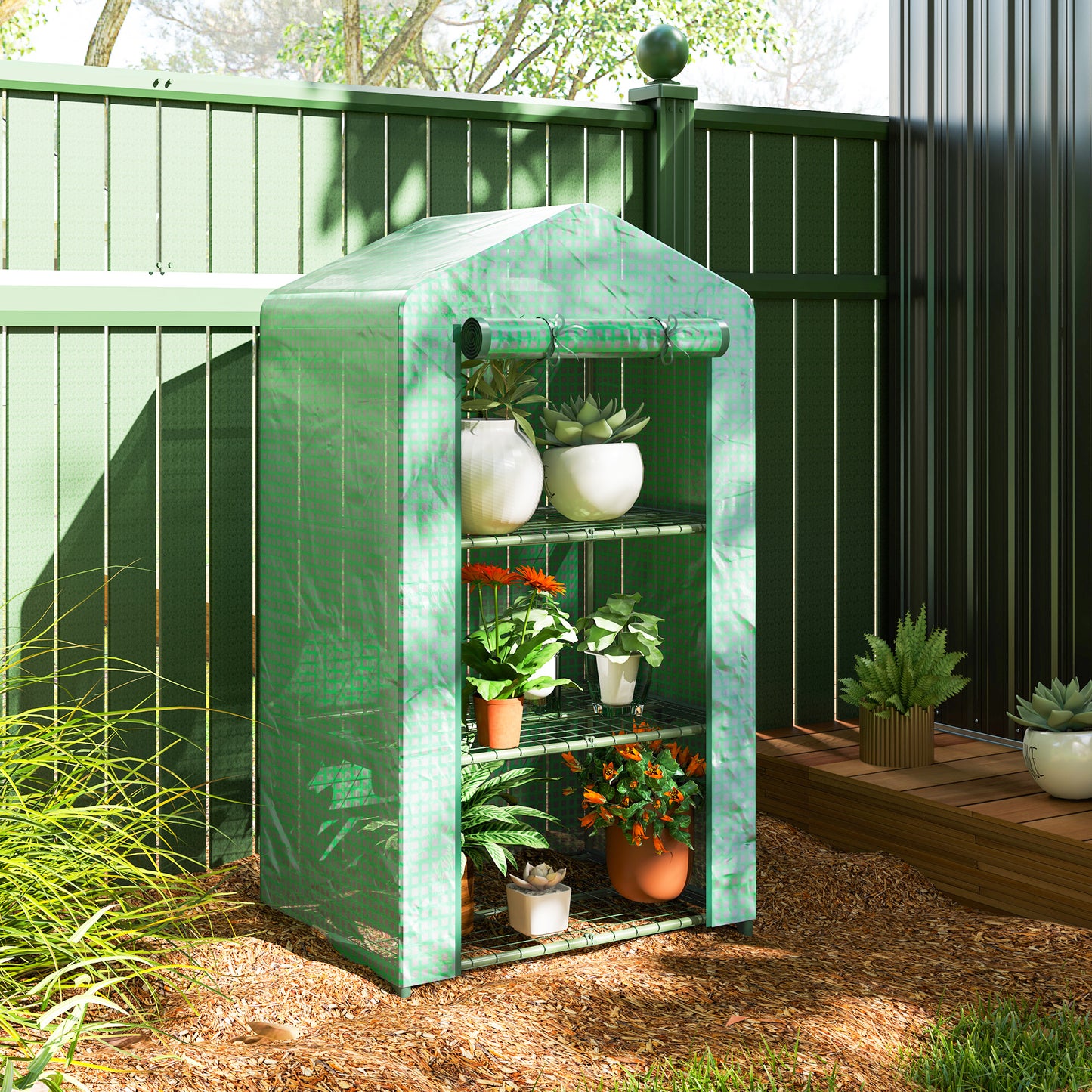 Outsunny 56" x 56" Walk-in Greenhouse Outdoor, Portable Gardening Plant Hot House with 2-Tier Shelf, Green