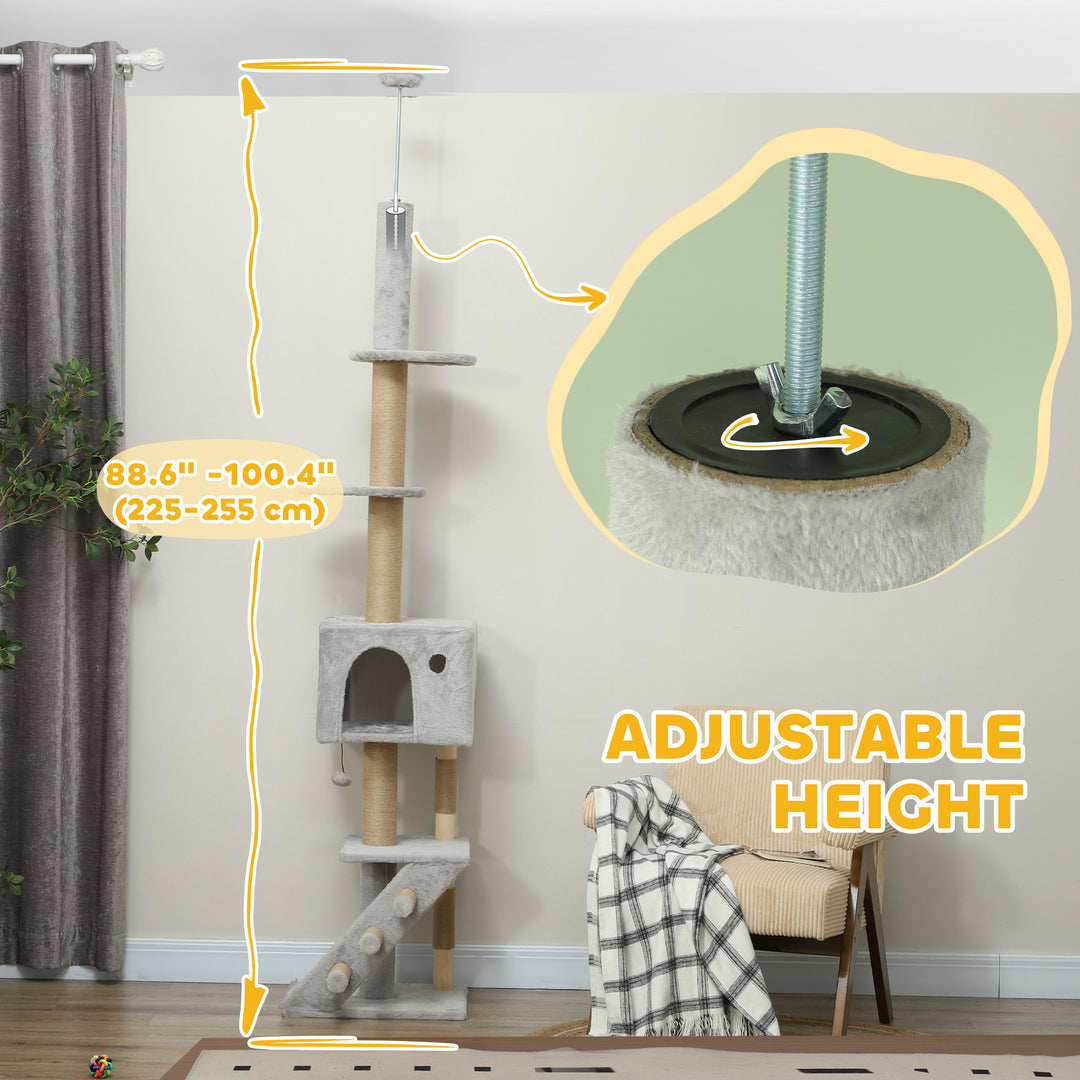 PawHut 89"-100" Floor to Ceiling Cat Tree with Scratching Post, Cat House, 3-Steps, Hanging Ball, Perches, Anti-tip Kit, Brown