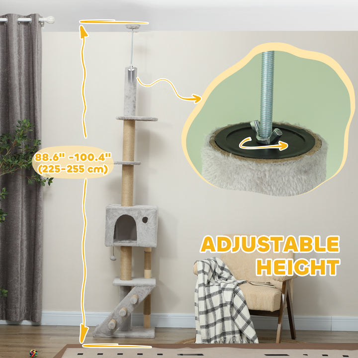 PawHut 89"-100" Floor to Ceiling Cat Tree with Scratching Post, Cat House, 3-Steps, Hanging Ball, Perches, Anti-tip Kit, Brown
