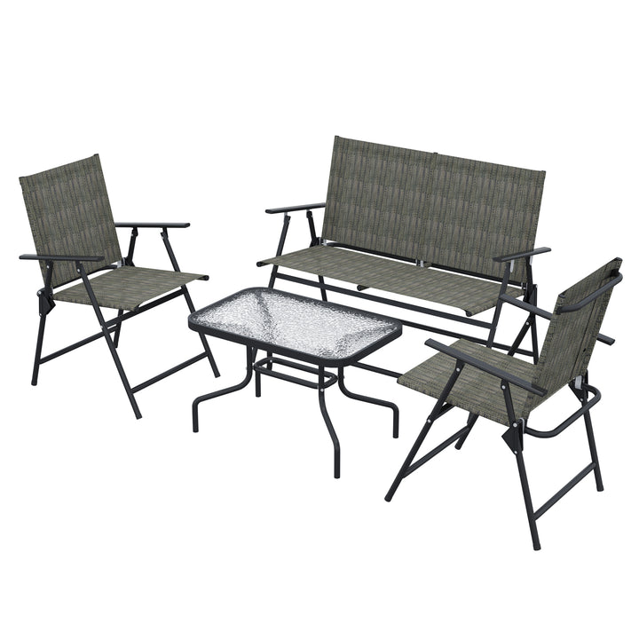 Outsunny Outdoor 4 Pieces Patio Furniture Set, Garden Set with Two Foldable Armchairs, a Loveseat & Glass Top Table, Mixed Brown