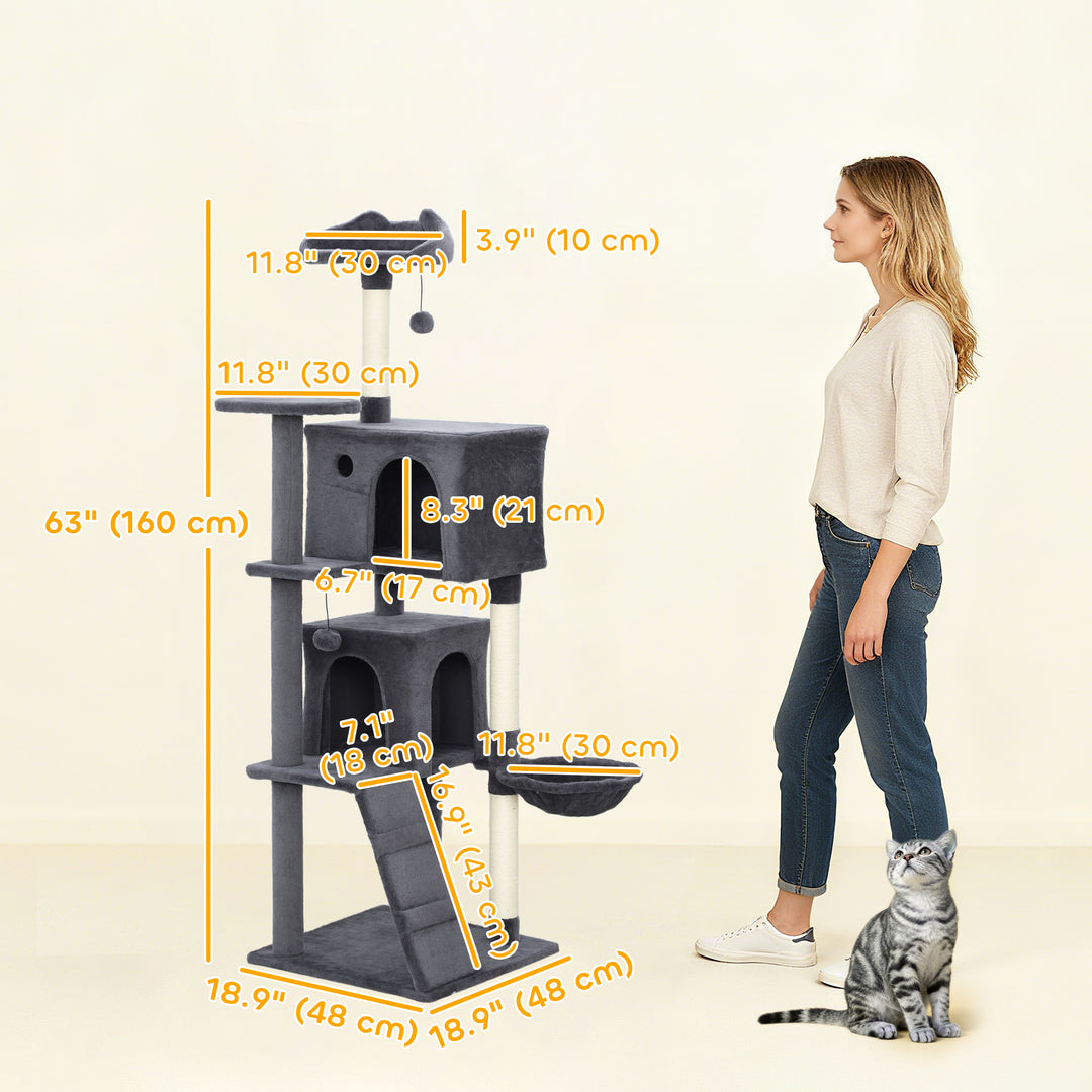 PawHut 63 Inch Cat Tree with Sisal Scratching Posts, Condos, Plush Perches, Hammock, Ladder, Dangling Balls, Pink