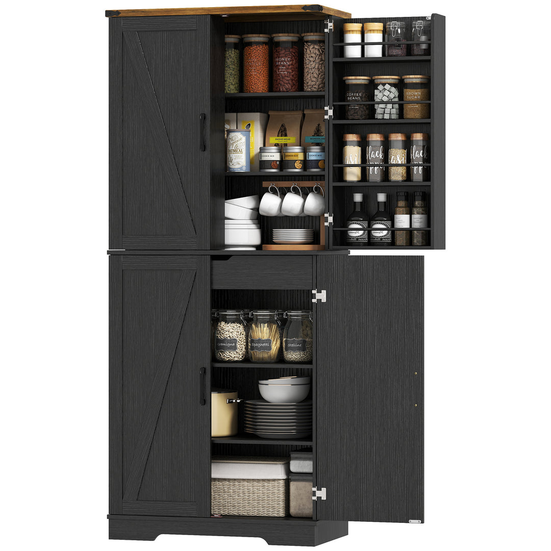 HOMCOM 72" Kitchen Pantry Cabinet, Farmhouse Storage Cabinet with 4 Doors, Drawer, 8 Door Shelves and Adjustable Shelf, Black