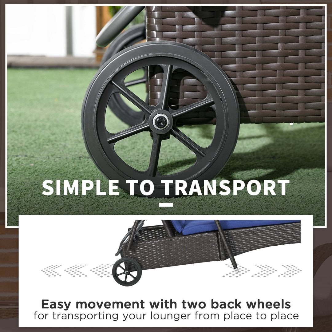 Outsunny Outdoor Lounger, Deck Lounge Chair with Headrest, 5-Level Adjustable, Backrest, Wheels, Deep Coffee and Navy Blue