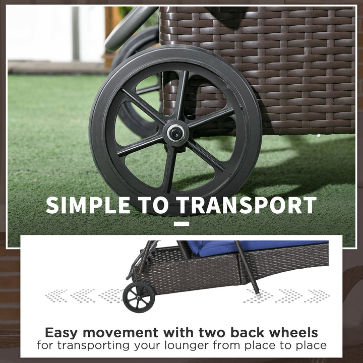 Outsunny Outdoor Lounger, Deck Lounge Chair with Headrest, 5-Level Adjustable, Backrest, Wheels, Deep Coffee and Navy Blue