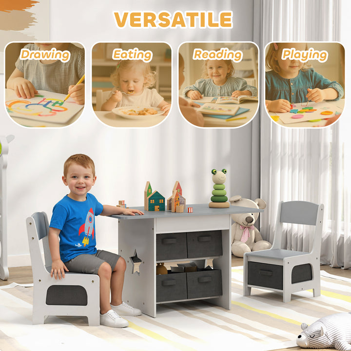 Qaba 3 Piece Kids Table and Chair Set with 6 Removable Drawers, for Classroom, Living Room, Bedroom, Nursery, Light Grey