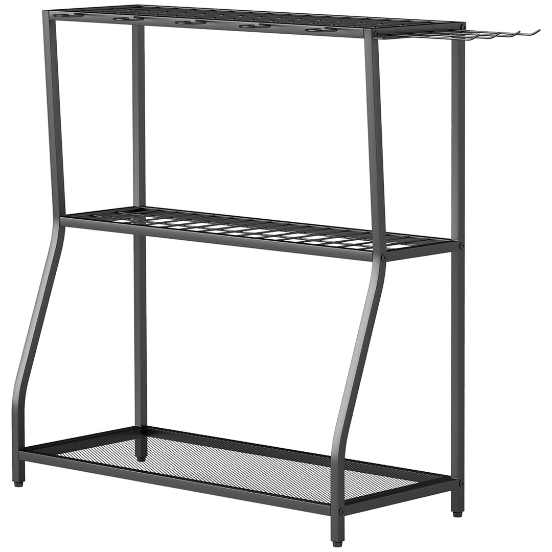 Outsunny 3-Tier Yard Tool Tower Rack, Garden Tool Organizer with Hooks for Long-Handled Rakes, Shovel, Broom, Black