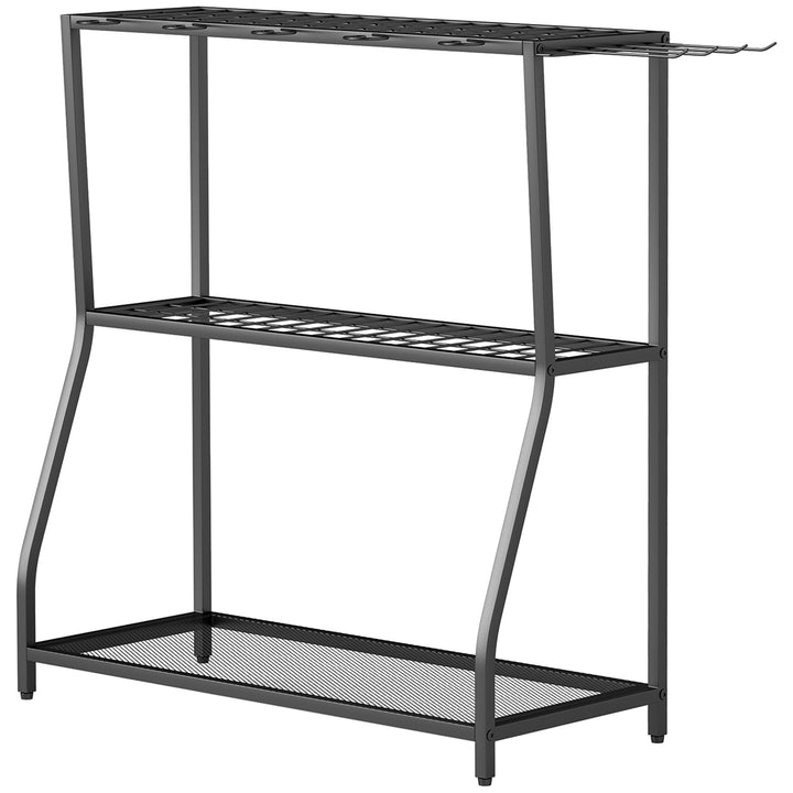 Outsunny 3-Tier Yard Tool Tower Rack, Garden Tool Organizer with Hooks for Long-Handled Rakes, Shovel, Broom, Black