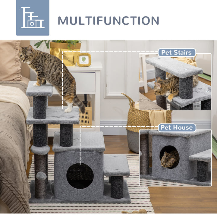PawHut Cat Stairs Pet Steps for Couch Bed with Scratching Posts Condo Ball Toy, 23.6" x 15.7" x 26", Grey