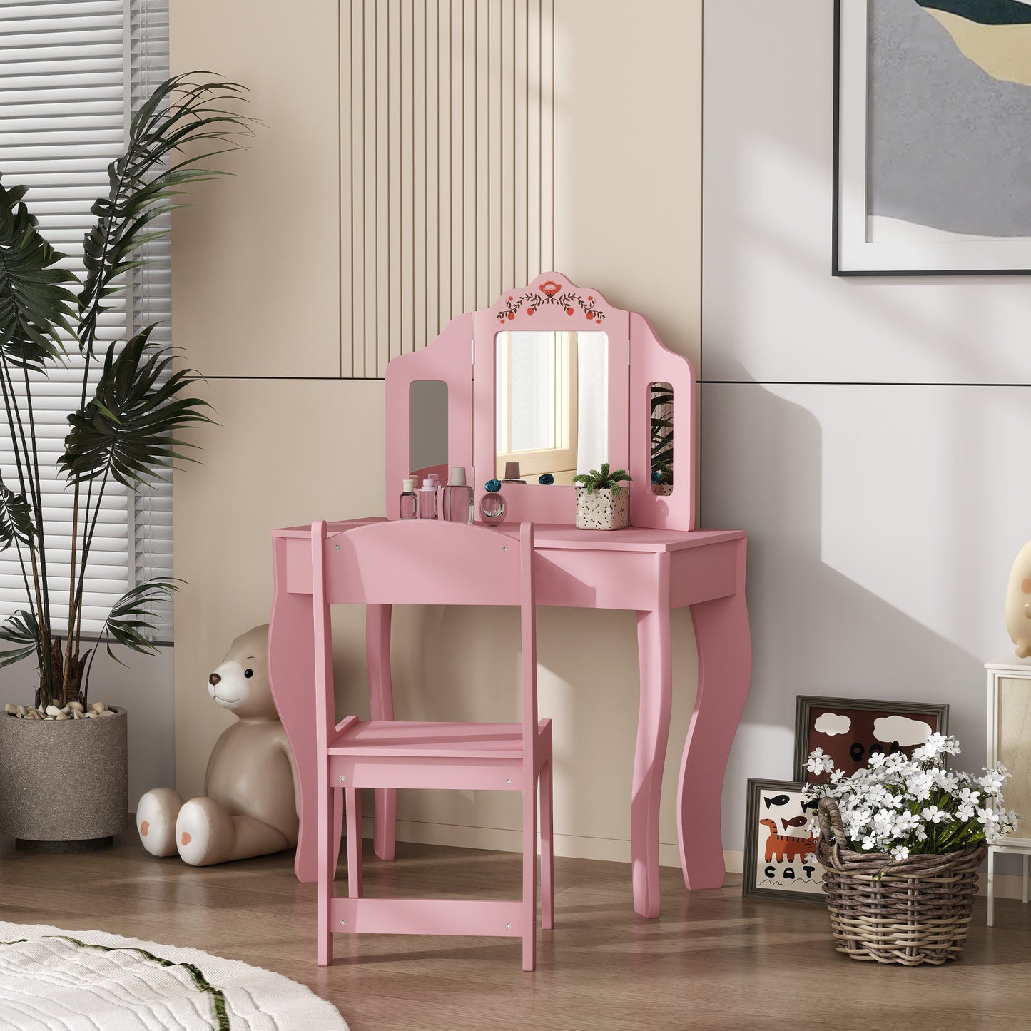 Qaba Kids Vanity Set, Dual-Use Dressing Table with Removable Tri-Folding Mirror and Drawer, for Ages 3-8, Pink