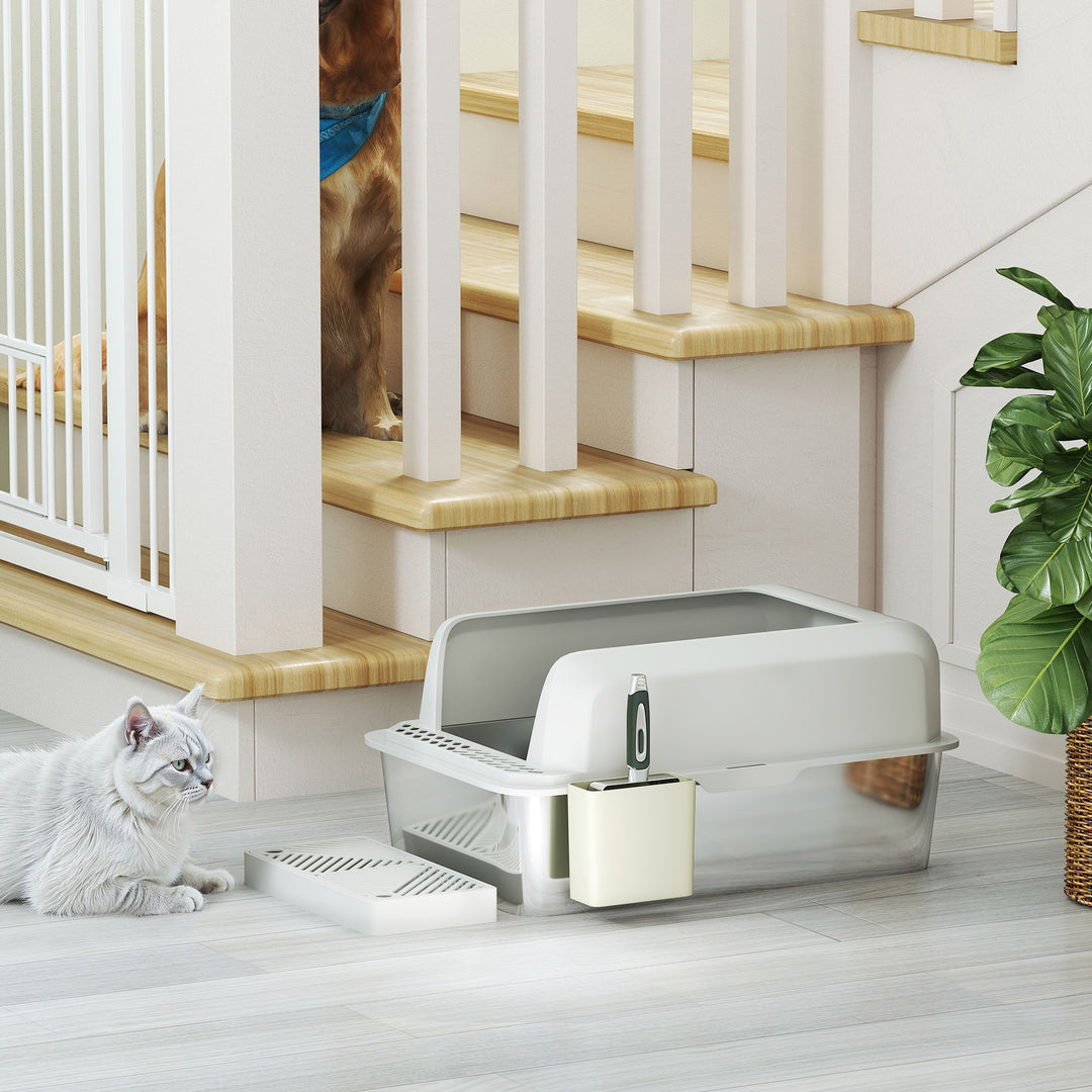 PawHut Stainless Steel Cat Litter Box High Sided with Metal Scoop & Holder, Non-Sticky, Easy to Clean, Anti-Urine Leakage