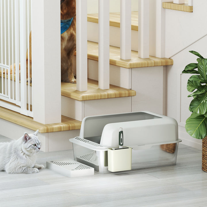 PawHut Stainless Steel Cat Litter Box High Sided with Metal Scoop & Holder, Non-Sticky, Easy to Clean, Anti-Urine Leakage