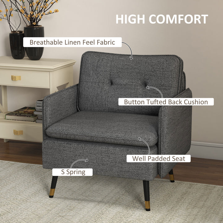 HOMCOM Modern Armchair, Upholstered Accent Chair with Tufted Back Cushion and Steel Legs for Living Room, Bedroom, Grey