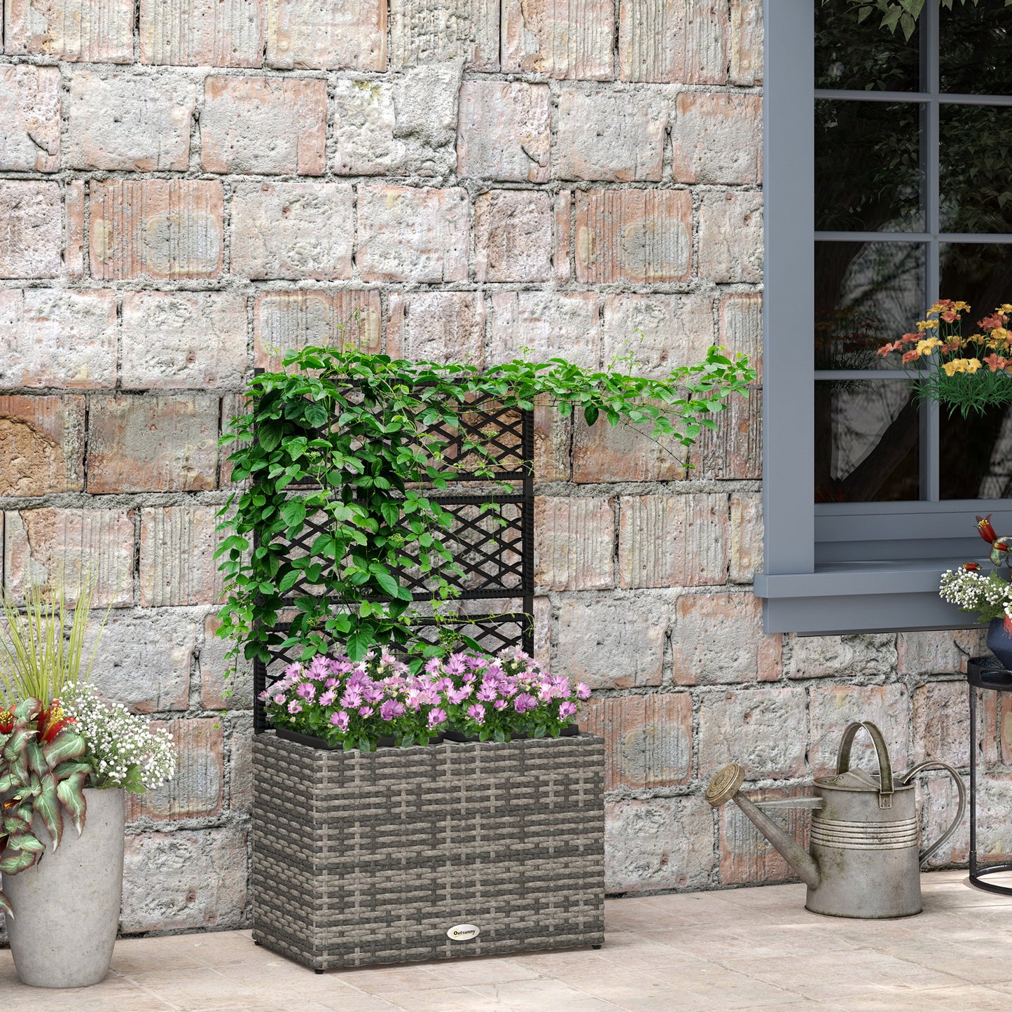 Outsunny 22L Raised Garden Box with Trellis, PE Rattan Free Standing Flower Raised Garden Bed with Two Plant Boxes, Garden Planter Box for Climbing Plants, Mixed Grey