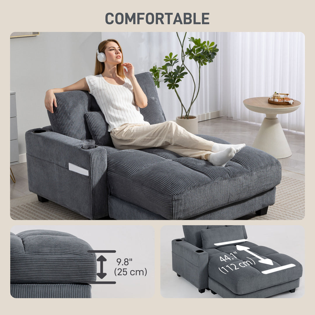 HOMCOM 58" Chaise Lounge Indoor, Oversized Corduroy Sofa Bed with 2 Cup Holders, Pillow, Deep Seat Sleeper Couch, Dark Grey